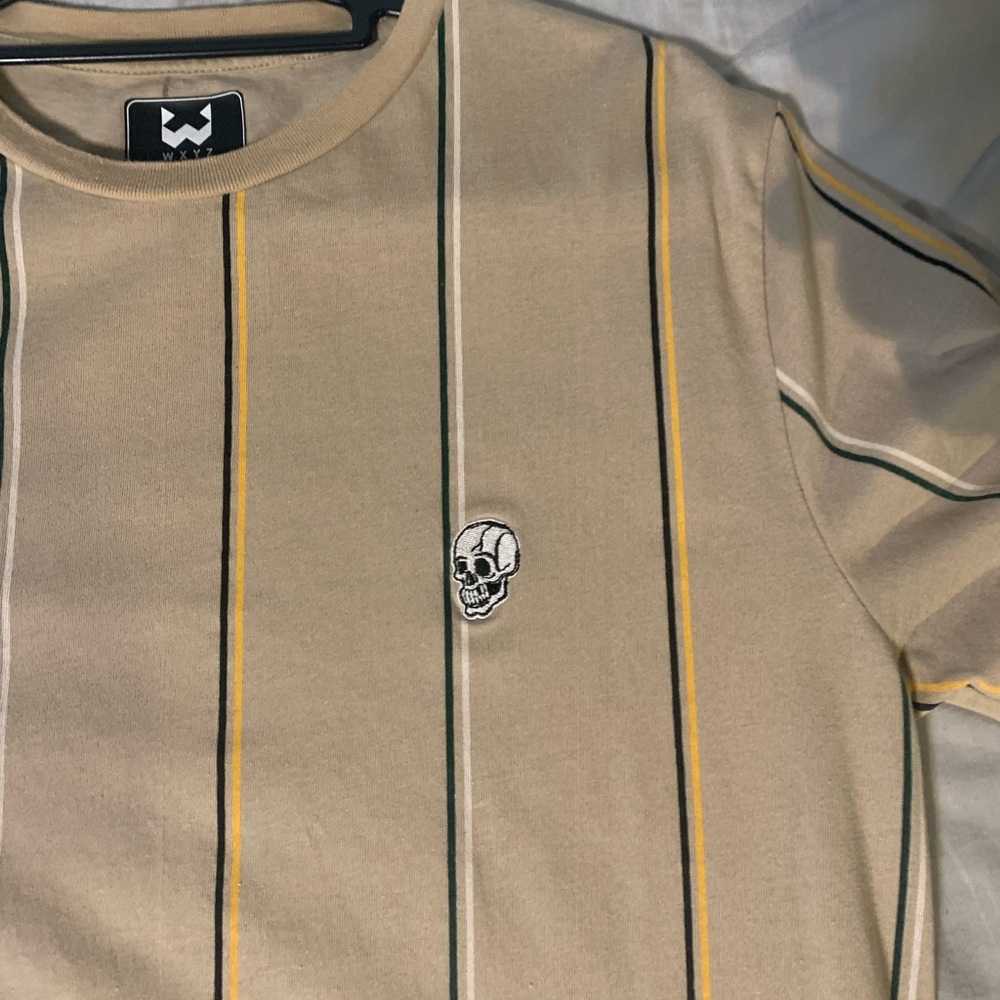 Men's Beige Striped Tee with Skull Emblem